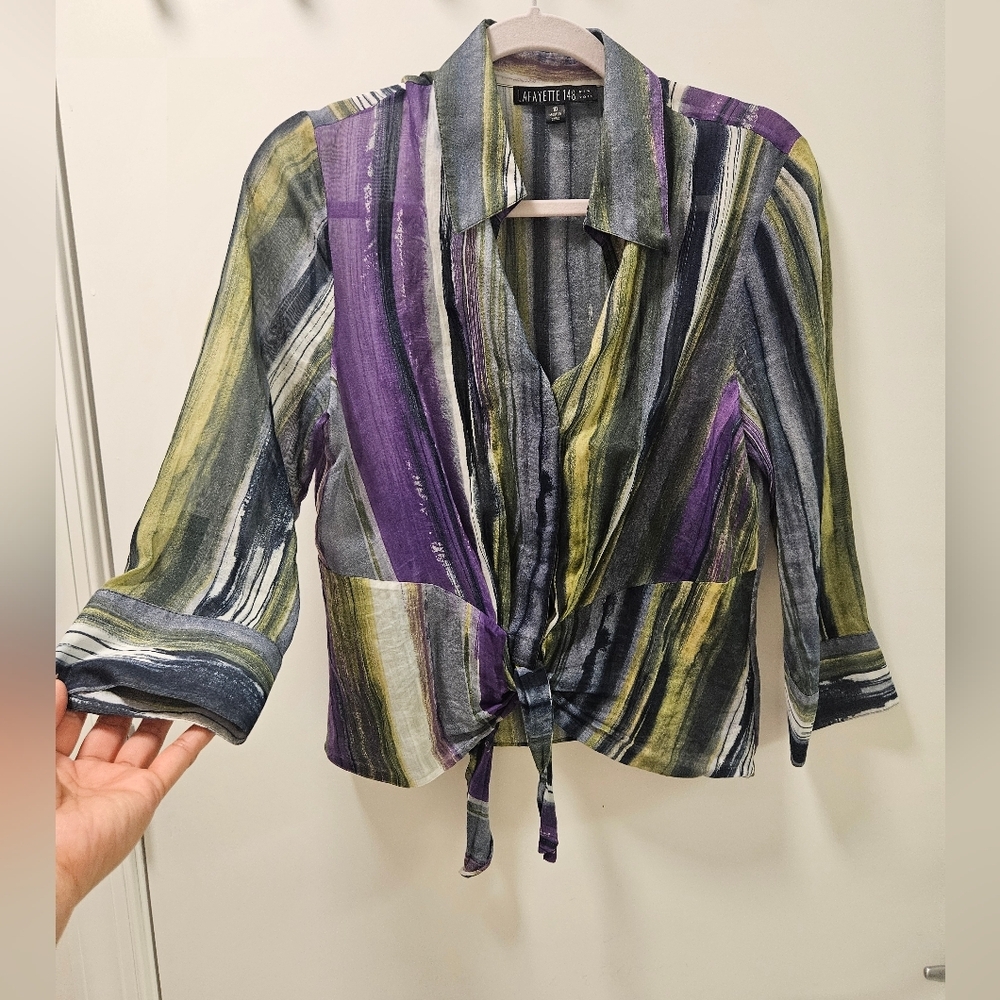 Lafayette 148 Purple And Green Tie Front Silk Blend Long Sleeve Size 10 - Picture 3 of 9